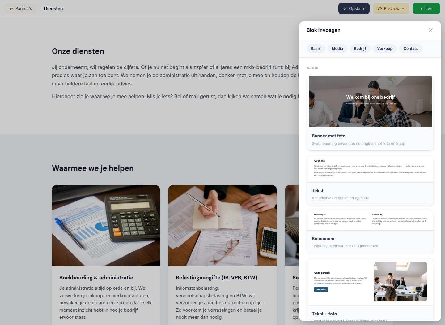Een blok invoegen in de GO! sitebuilder